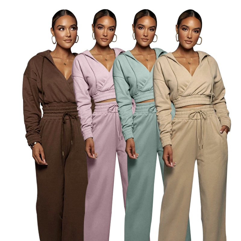 Women's Clothing autumn and winter casual solid color hooded open V trousers for women, fashionable slim long sleeved sweatshirt suit_voghion.com