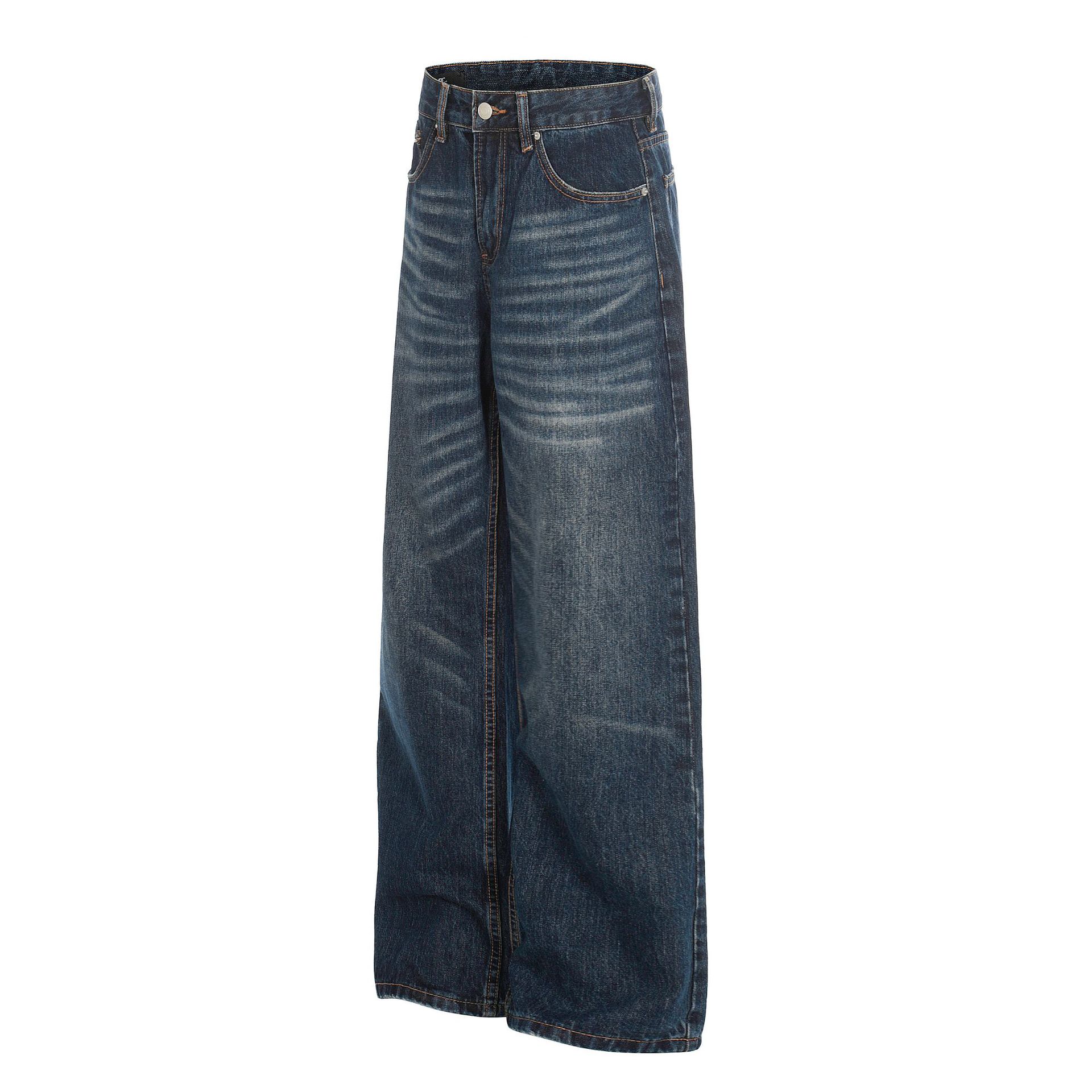Men's Loose Fit Straight Leg Jeans Deep Blue Denim King Whisker Pattern High Street Style High End Feel_viptrois.com