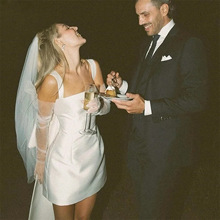 法式轻婚纱缎面简约短款小众高级感小个子生日宴会气质晚礼服欧美