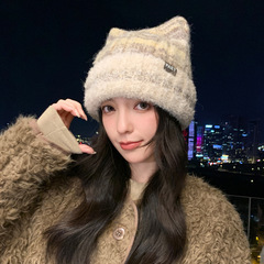 韩系可爱猫耳朵针织毛线帽子女秋冬季大头围包头帽户外防寒保暖帽