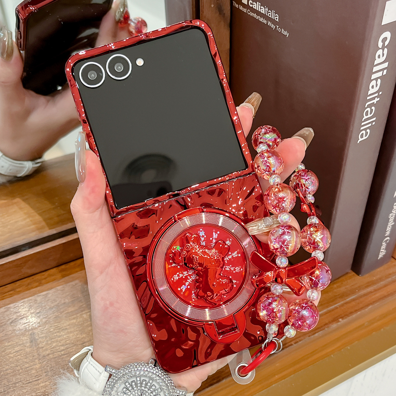 适用三星zflip7手机壳红色马年款支架Z Flip6折叠屏手链电镀硬壳