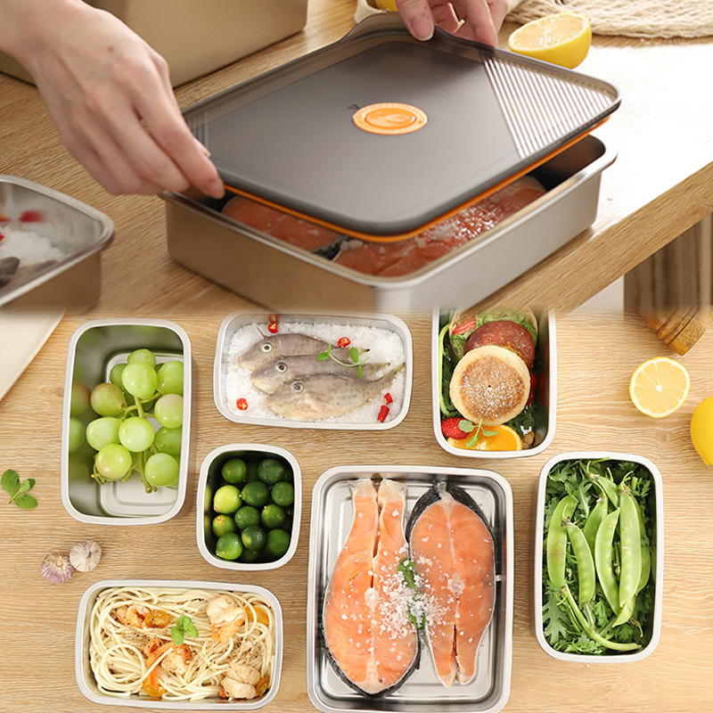 日本の弁当箱食品グレードのステンレス鋼野菜室正方形フルーツ材料分割蓋付き冷蔵庫冷凍庫|undefined