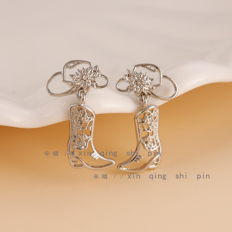 in stock Cross-border New Hollow Denim Boots Earrings Hat Pendant Earrings Women's Independent Stand Distinctive Earrings Earrings