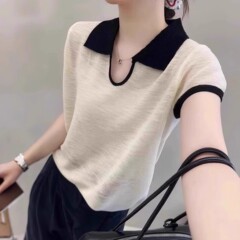 夏の新しいスタイルの女性用コントラストカラーラペル半袖セーター、ファッショナブル、年齢軽減、スリムで多用途な半袖アイスシルクトップ、トレンディ