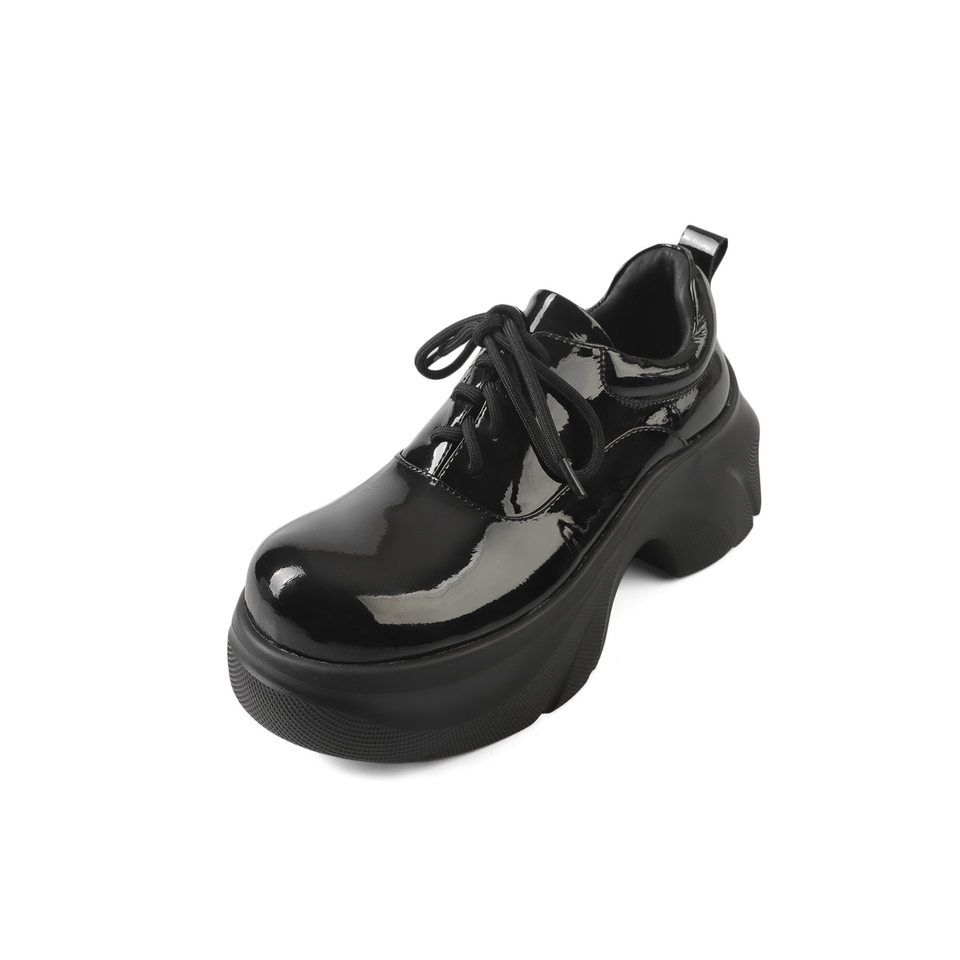 Giày lười nữ đế xuồng Yichuan tăng chiều cao 9 cm, phong cách platform mũi to — đen (da sáng chế), Màu đen (da bò mờ)