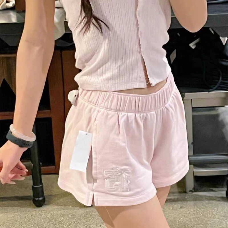 Little Seagull Terry Cloth Elastic Waist Sports Sweatpants Shorts Bow Letter Embroidery Hot Girl Wide Leg Shorts Hot Pants