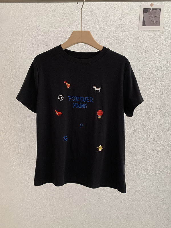 Omalai 刺繍レターパターンラウンドネック右肩半袖プルオーバー Tシャツ韓国風ファッショナブルな万能トップス女性用 3485|undefined