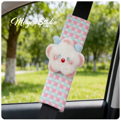 Decoration Seatbelt Protector Anti-Strangle – Seat belt shoulder pad - pink-and-blue-checkered-safety-belt-shoulder-cover-white-wings-stars