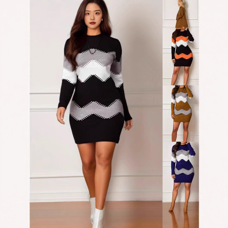 2023 European and American Cross-Border Women's Clothing Amazon Mid-Length Short Skirt Round Neck Long-Sleeved Printed Knitted Hip-Covering Women's Jumpsuit 2023 European and American Cross-Border Women's Clothing Amazon Mid-Length Short Skirt Round Neck Long-Sleeved Printed Knitted Hip-Covering Women's Jumpsuit