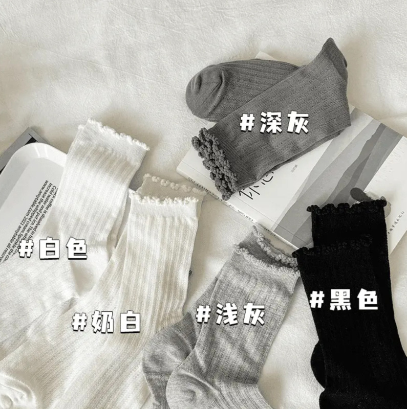 韓国版インファッション無地中空メッシュソックス春夏薄手シンプルガールリボンパイルソックス|undefined