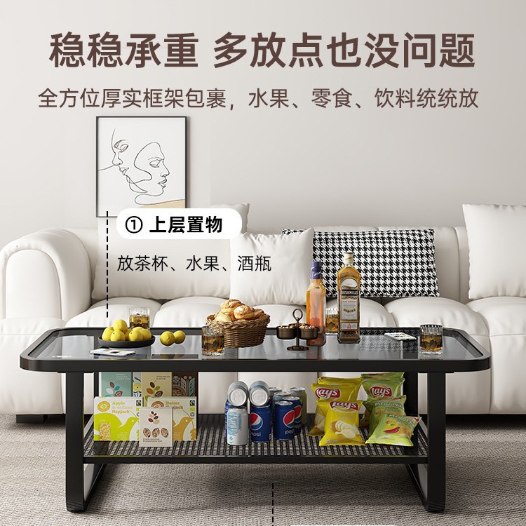 Mesa de té sala de estar doméstica pequeña casa sofá tabla lateral 2025 nueva mesa de té de vidrio cuadrada de hierro forjado mesa de té de doble capa