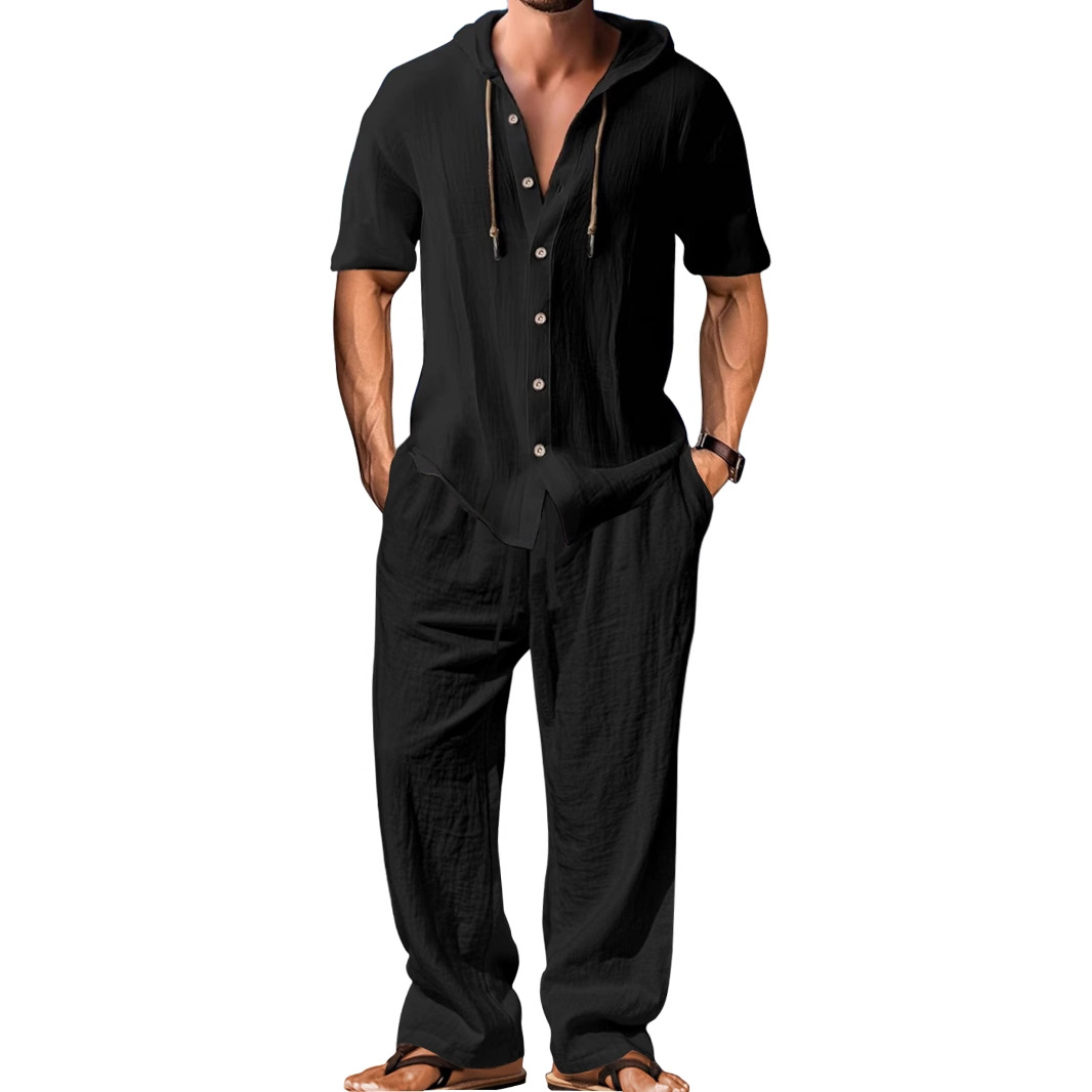 25 Traje de ocio deportivo de Amazon transfronterizo para hombres europeos y americanos Camisa de manga larga de algodón y lino con capucha Traje de pantalones sueltos