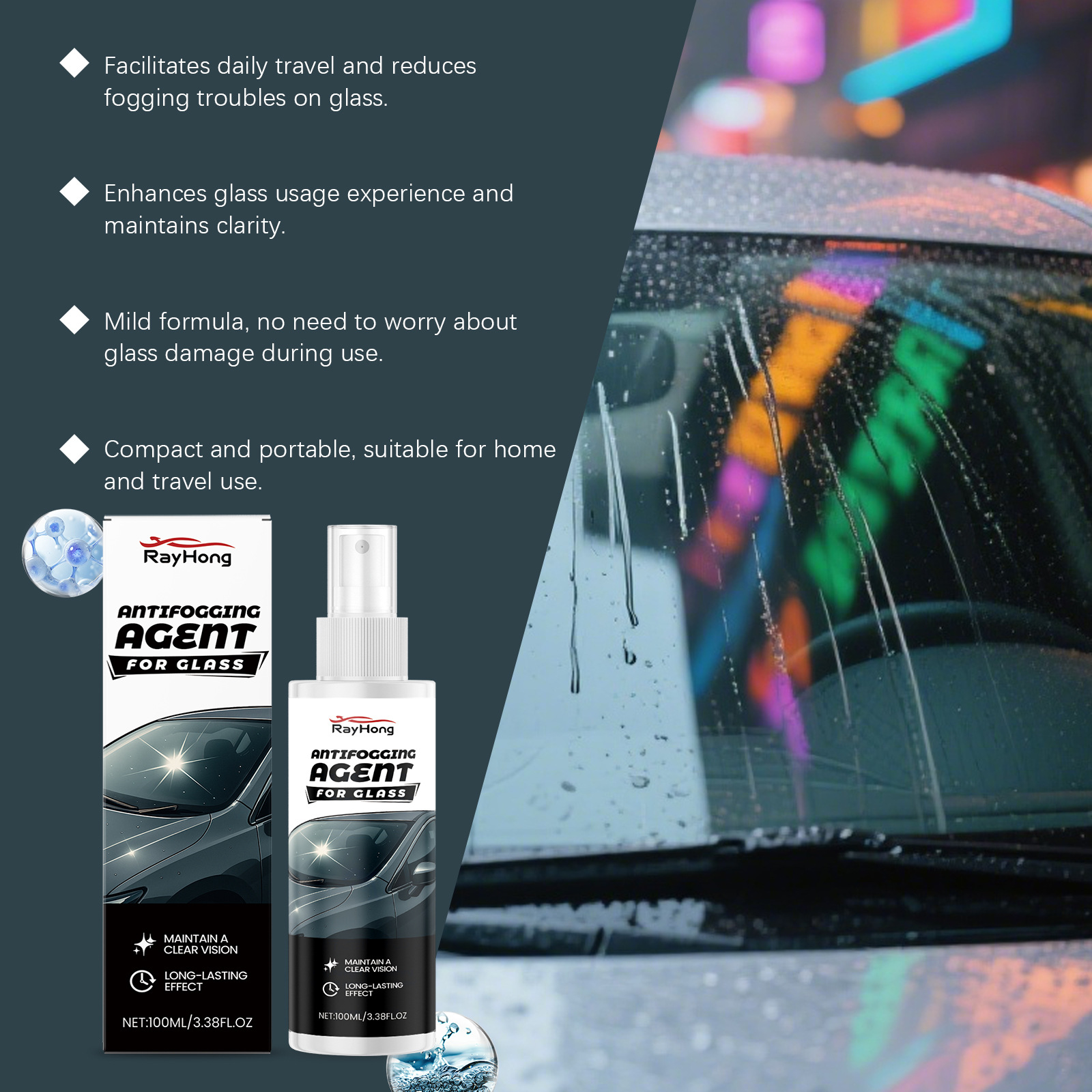 RAYHONG Car Glass Anti-Fog Agent: Cleans and defogges car windows and rearview mirrors, providing clear visibility in rainy weather