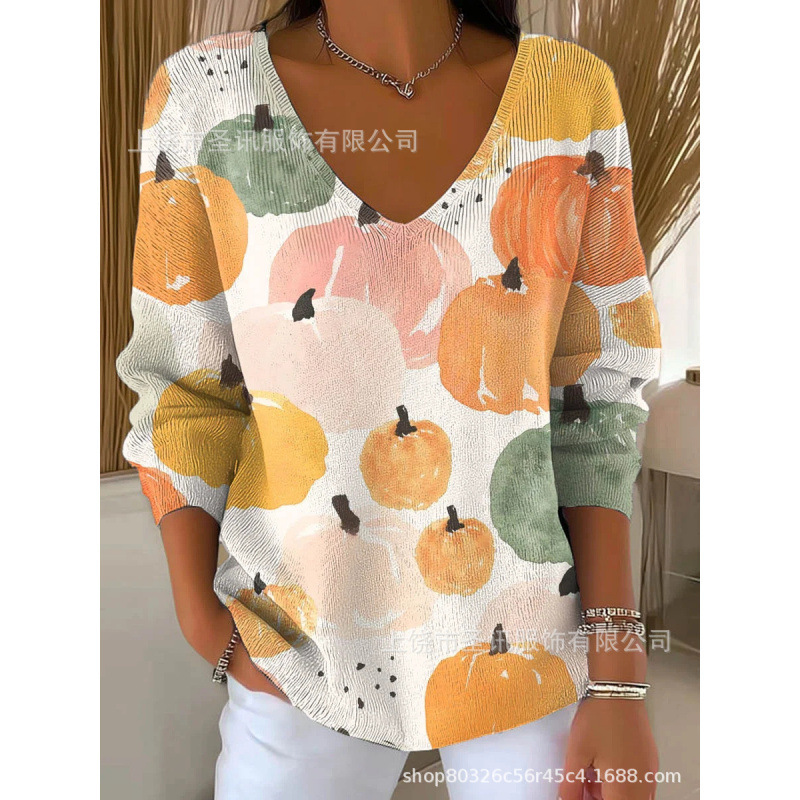欧美跨境独立站新款3D印花女士时尚渐变色V领长袖T恤上衣|undefined
