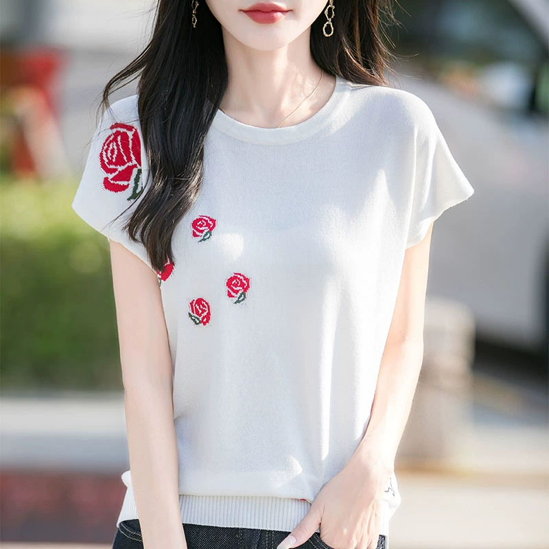 Sel Tencel с тяжелой вышивкой и короткими рукавами, летняя футболка с круглым вырезом, новинка 2025 года, свободная футболка для похудения, модный топ