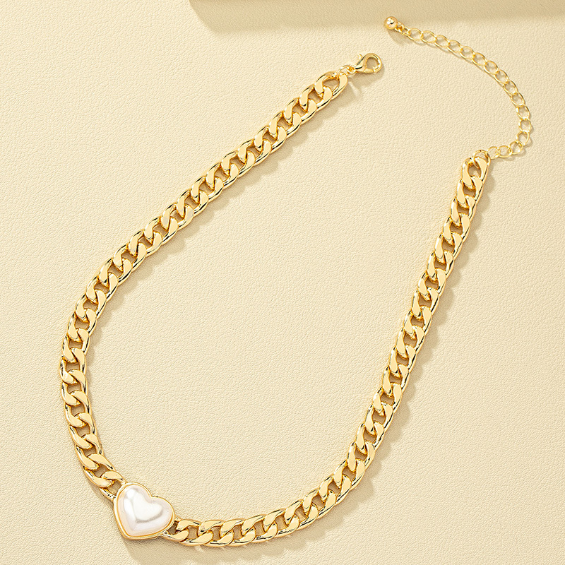 Collar elegante con colgante de corazón y perlas estilo coreano mujer_voghion.com