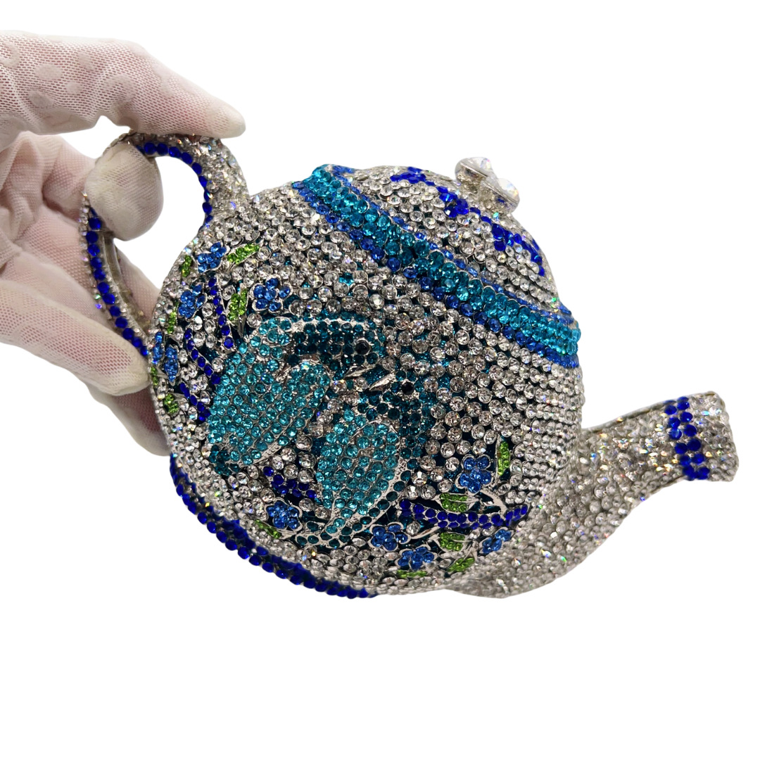 Túi clutch nữ đính đá pha lê hình ấm trà dự tiệc cao cấp — Vàng ánh kim, Xanh bạc, màu nâu, Bạc hồng / Tùy chỉnh