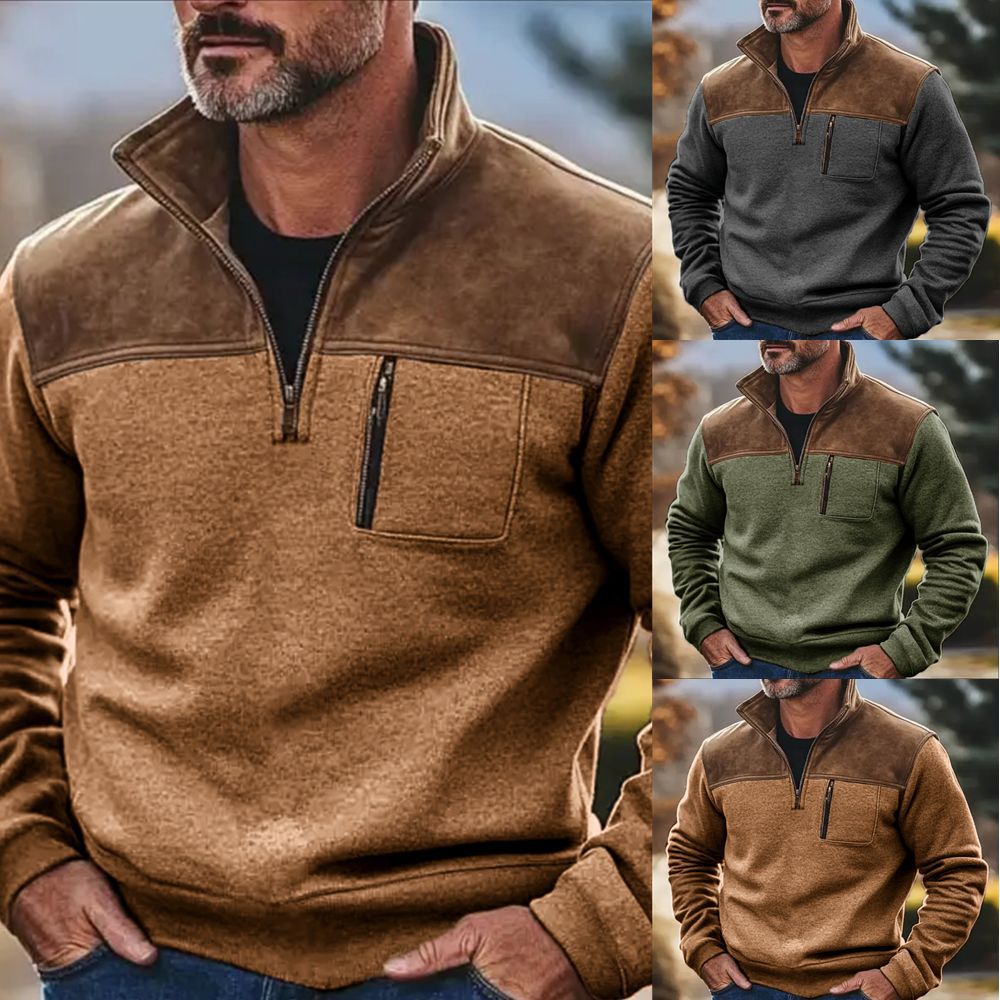 In-Stock European Version 2025 Men's Casual Jacket Autumn and Winter Fleece Sweatshirt European Amazon Pullover Color-Block Zipper Shirt