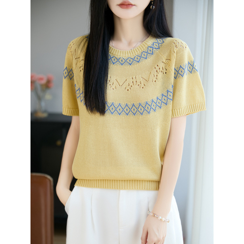 Spring summer knitted sweater with a round collar