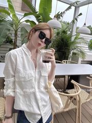 2025春秋法式可卷袖正肩棉质垂感衬衫宽松显瘦设计感白色衬衣女
