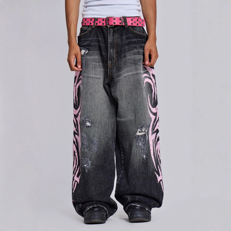 Cross-Border Branded Trendy Washed Ripped Printed Jeans Jaded London Street Hip-Hop Straight-Leg Pants for Women