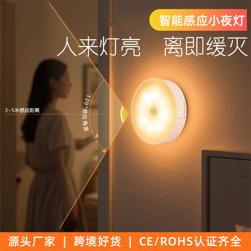 Wholesale led human body intelligent induction charging switch two-color night light bedroom USB round cabinet induction light