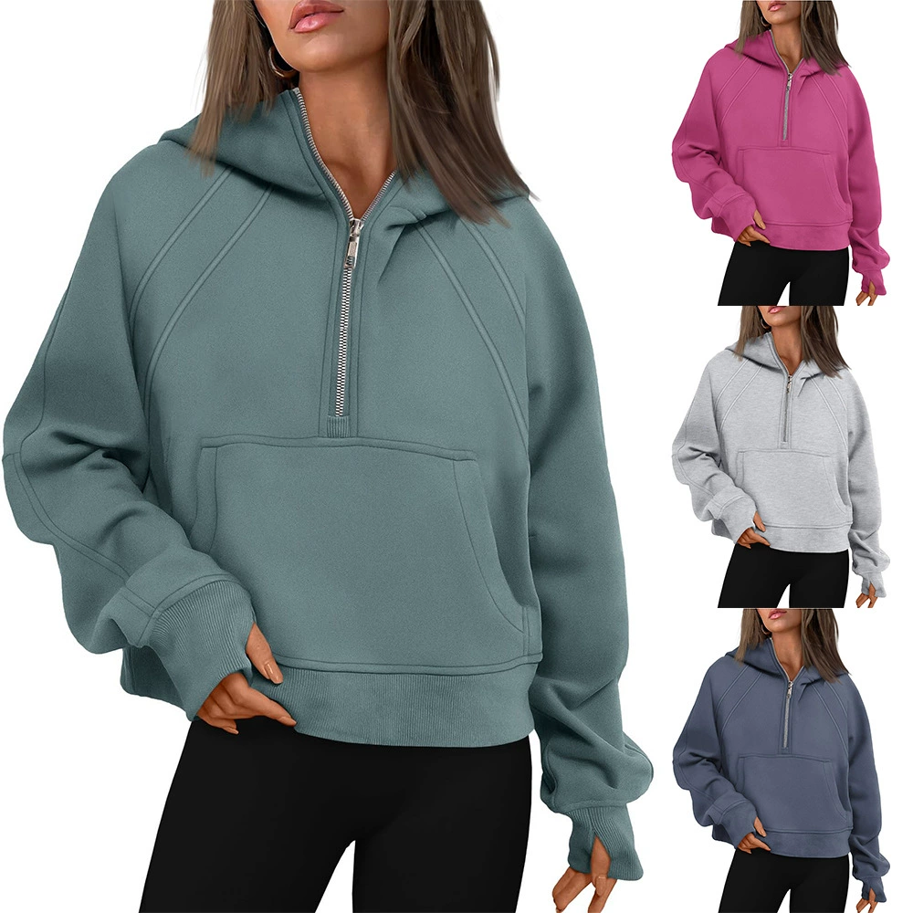Новая женская толстовка с капюшоном и молнией до середины груди в европейском и американском стиле от Amazon, короткая модная толстовка из флиса
