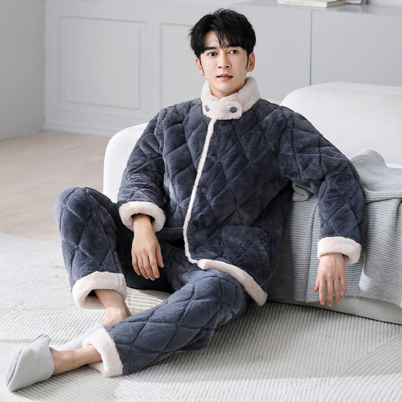 Winter Three-Layer Quilted Thermal Pajamas Men's Long-Sleeved Cardigan Suit Light Sports Style Thickeneded Can Be Worn Outside Home Clothes