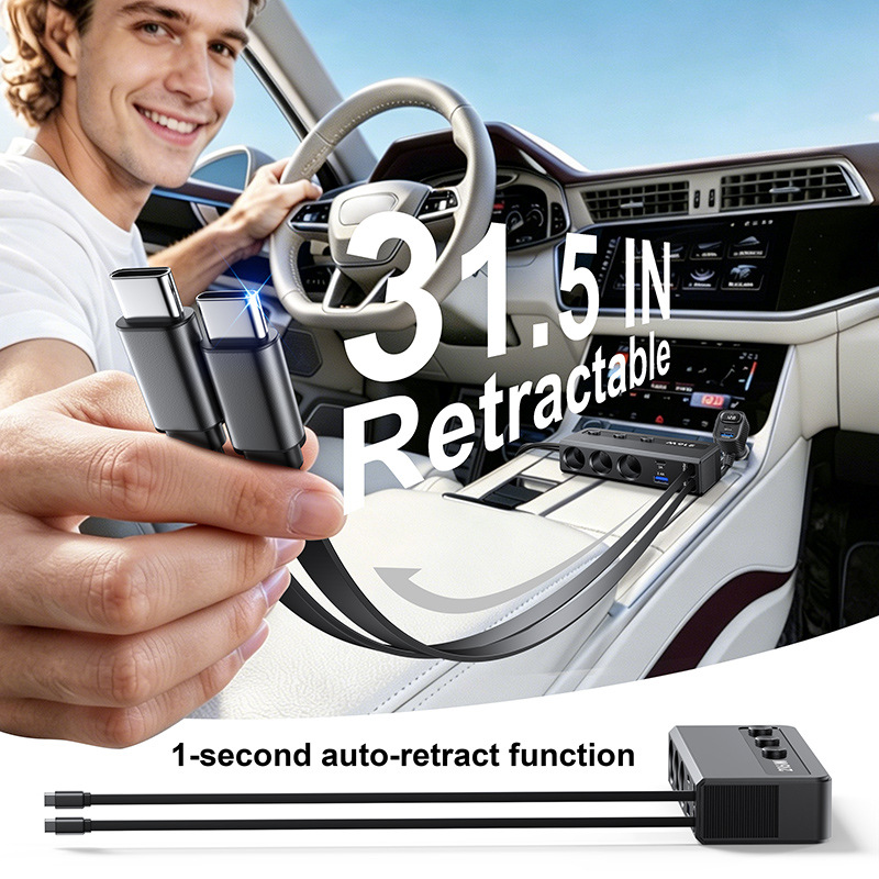 Multifunctional car charger with retractable cable, digital display, high-power car charger, fast charging