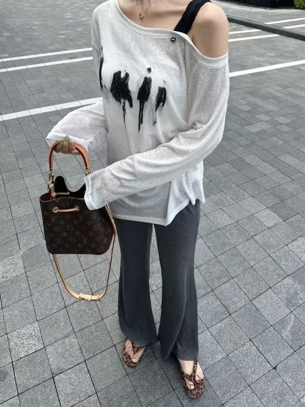 韩版宽松露肩人物印花长袖T恤女2025夏季新款慵懒风减龄百搭上衣|undefined
