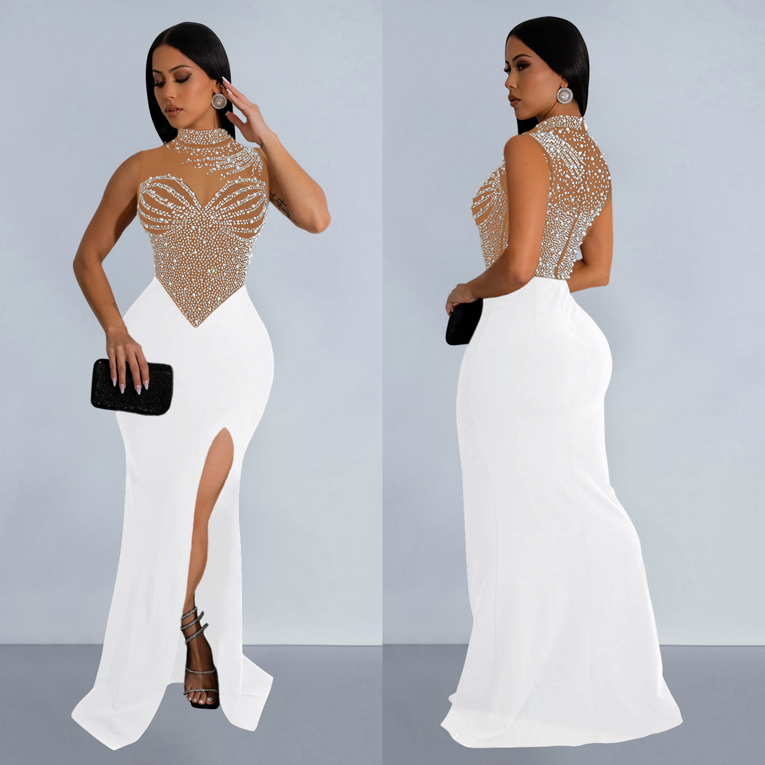 C6913 Aliexpress transfronterizo amazon ropa de moda europea y americana de color sólido malla de diamante vestido sin mangas image 5