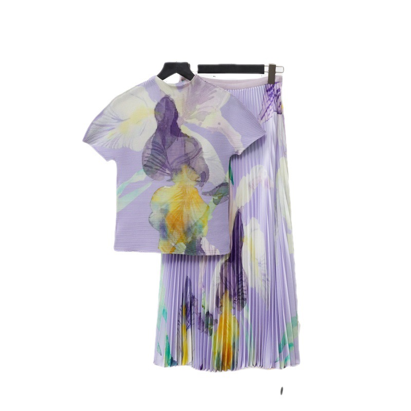Women's Clothing Miyake pleated elegant slim T shirt plant flower pleated skirt two piece design niche fashion suit_voghion.com