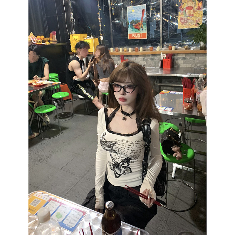 【モーダル260グラム1*1】白いレースのプリントtシャツ女性の長袖の底のuネックの上着のシュニール|undefined