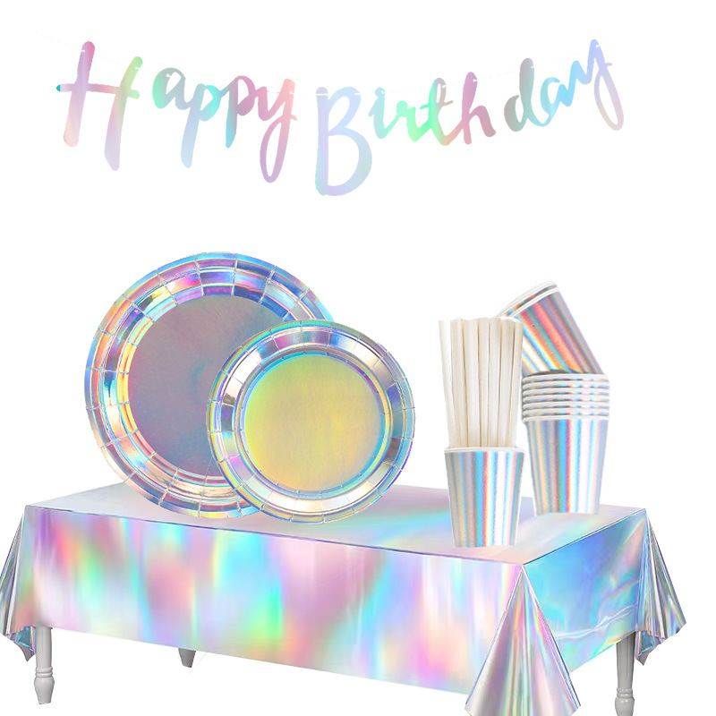 Disposable Laser Paper Tray Paper Cup Thickened Laser Color Paper Tray Paper Cup Tableware suit Bronzing Birthday Party Wild