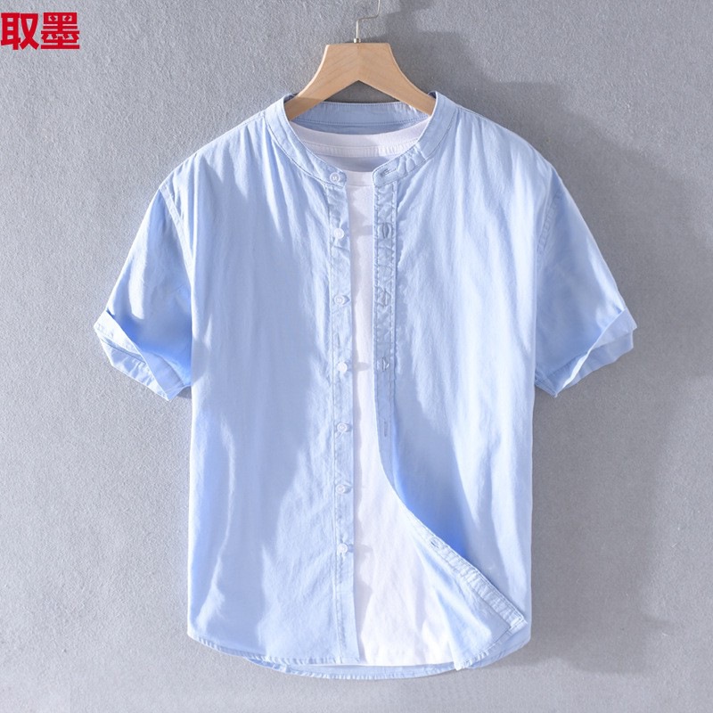 夏季短袖衬衫男士方领商务休闲寸衫潮流工装衣服棉质半袖衬衣青年