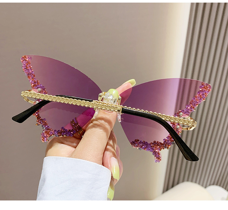 80g Weight Frameless Glasses Structure Sunglasses Classification PC, UV400 Protection Lens Material Butterfly Frame Glasses Style Outdoor, Travel Occasion Butterfly Pattern Women'S Gender Diamond Design Elegant Style Blue, Gold Color Elegant Butterfly PC UV400 Protection Butterfly Frame Diamond Frameless Women's Sunglasses