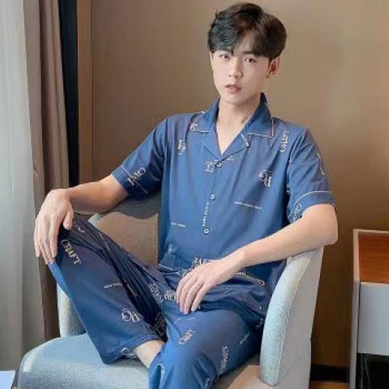Pijamas de verano de algodón, pantalones de mangas cortas para hombres, ropa de hogar de verano más grande se puede usar fuera