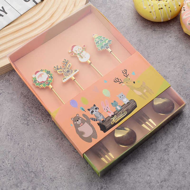 创意不锈钢304圣诞勺子 锌合金卡通樱花甜品勺叉水果叉咖啡搅拌勺