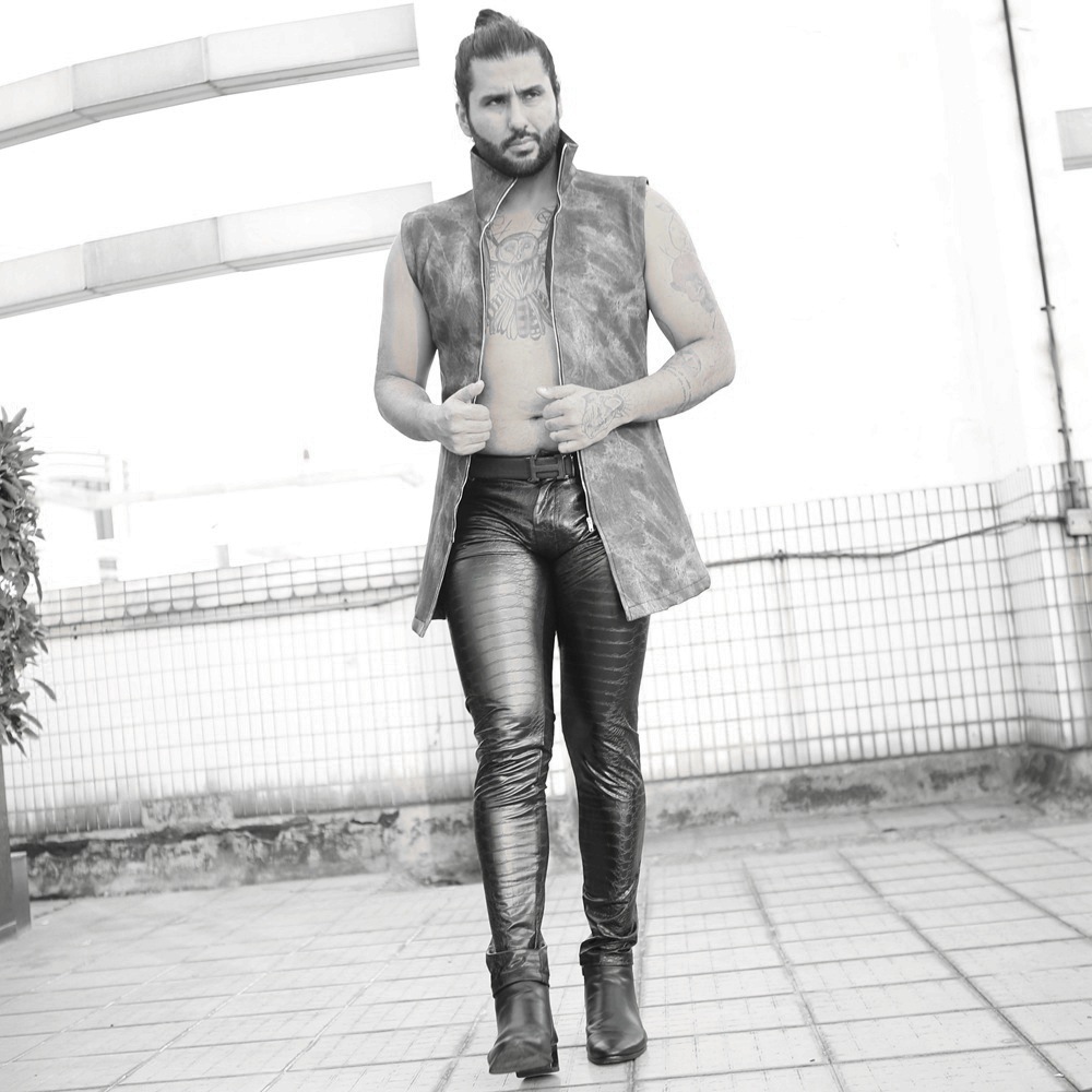 新款立体印花大鳄鱼纹PU皮裤机车小脚裤NK72男靴皮裤紧身牛仔裤