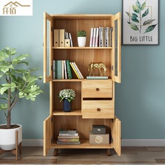 Solid Wood Bookshelf with Glass Doors, Home Use, Bedroom, Children's Oak, Nordic Style Storage Cabinet, Student Bookcase, Study Room Bookshelf
