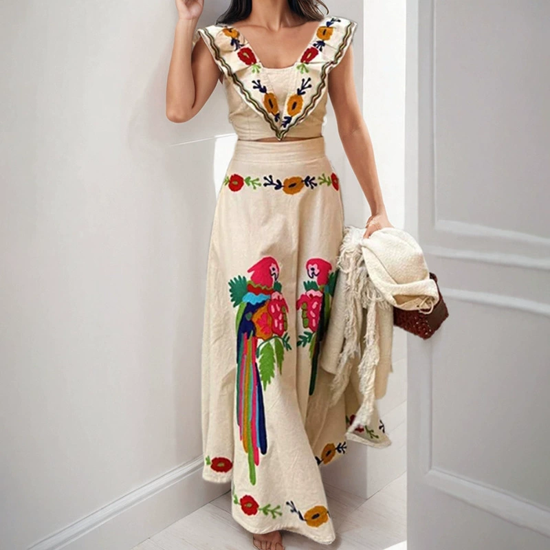 Женский костюм из двух предметов: топ с рюшами и юбка с принтом, новинка 2025 года, европейский и американский стиль, Amazon, кросс-граничная торговля