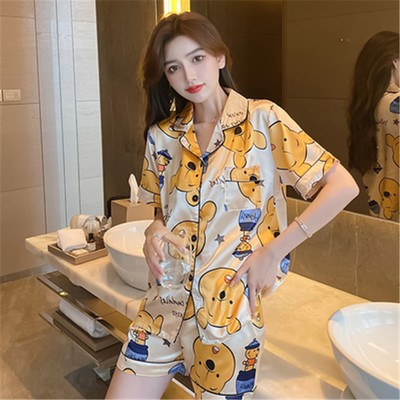 睡衣女2021年新款夏季薄款冰絲綢短袖短褲兩件套裝甜美可愛家居服