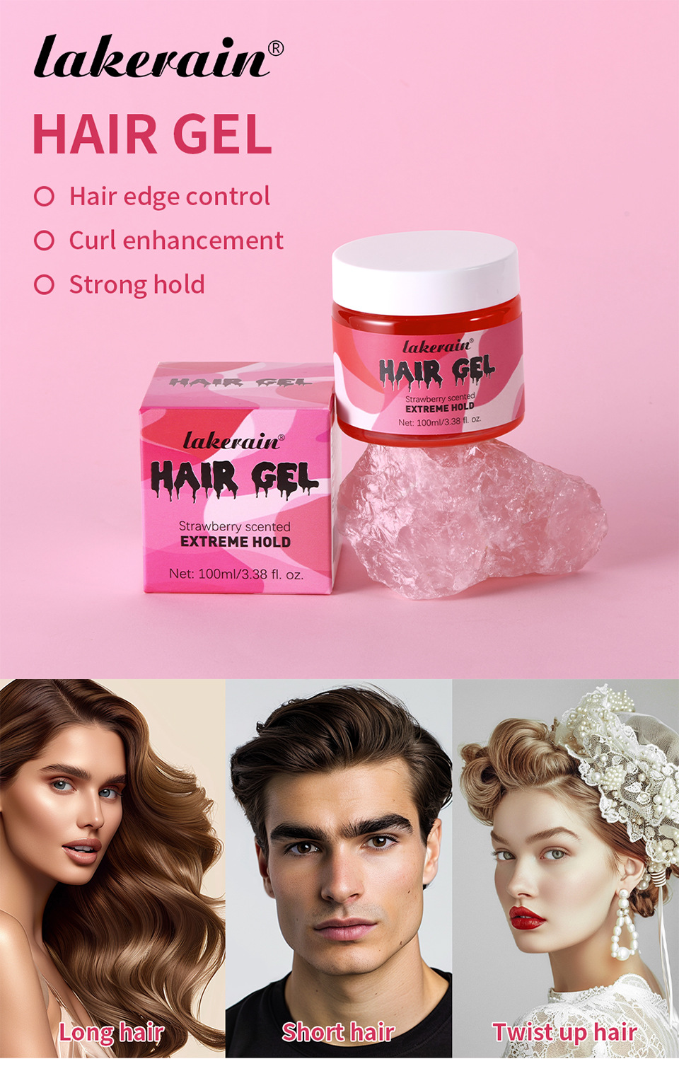 Lakerain Transparent Gel Hair Gel 100ml, a hair gel for styling curly hair, creating fluffy bubbles and elastic hair details Picture