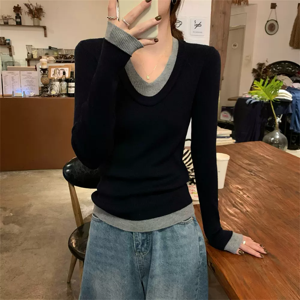 假两件撞色U领针织打底衫女2025秋冬新款韩系内搭修身毛衣女上衣