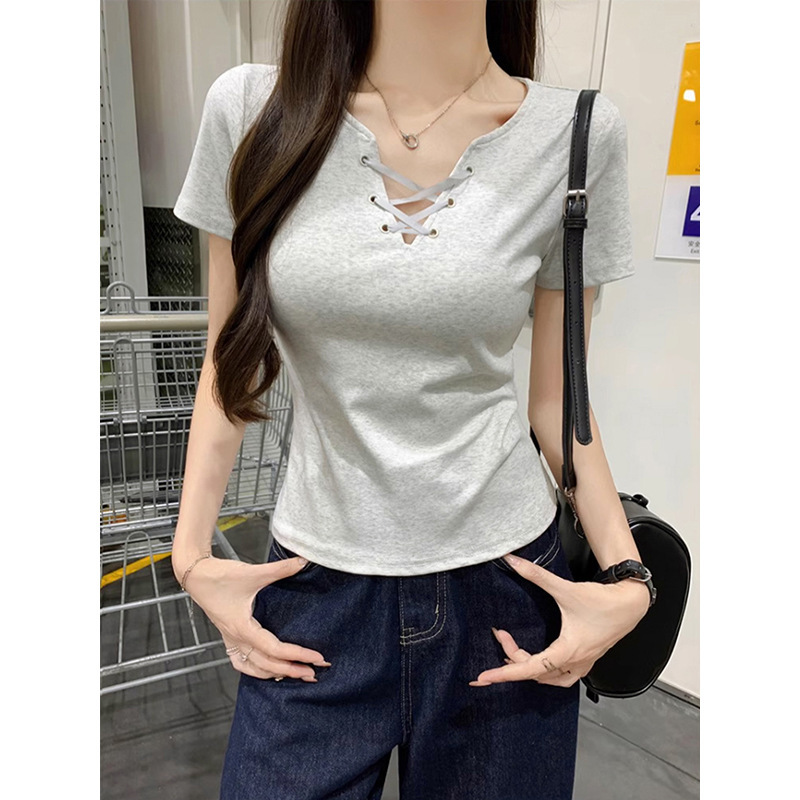 Cross-Border Wholesale Summer 210g 40-Count Cotton Ribbed V-Neck Tie Large Size Short-Sleeve T-Shirt Women's Short Top with Regular Shoulders Cross-Border Wholesale Summer 210g 40-Count Cotton Ribbed V-Neck Tie Large Size Short-Sleeve T-Shirt Women's Short Top with Regular Shoulders