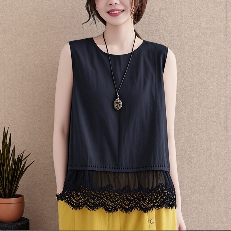Southeast Asia Cross-Border Spring and Summer Large Size Loose Elegant Casual Lace Cotton and Linen Belly-Covering Slim Vest Top