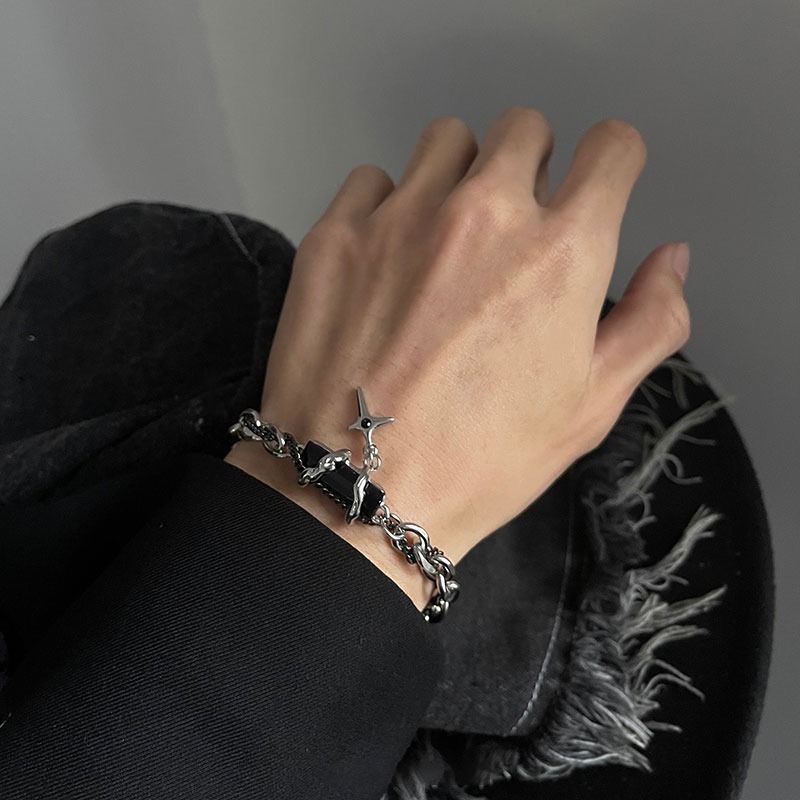 Star-Wrapped Black Gemstone Star Cross Bracelet Men's Stylish Simple Ins Cool Style Couple Hand Accessories