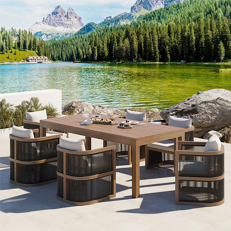 Mesa y silla de teca de caña al aire libre patio balcón al aire libre ocio de alta gama anticorrosión cuerda de madera trenzada silla combinación de muebles