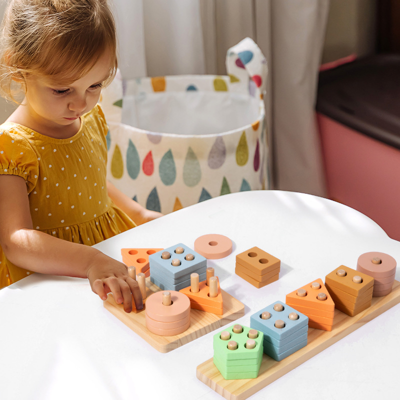 Bloques de madera de columna de madera para bebés movimiento fino educación temprana de la geometría de pares de colores juguetes de clasificación cognitiva