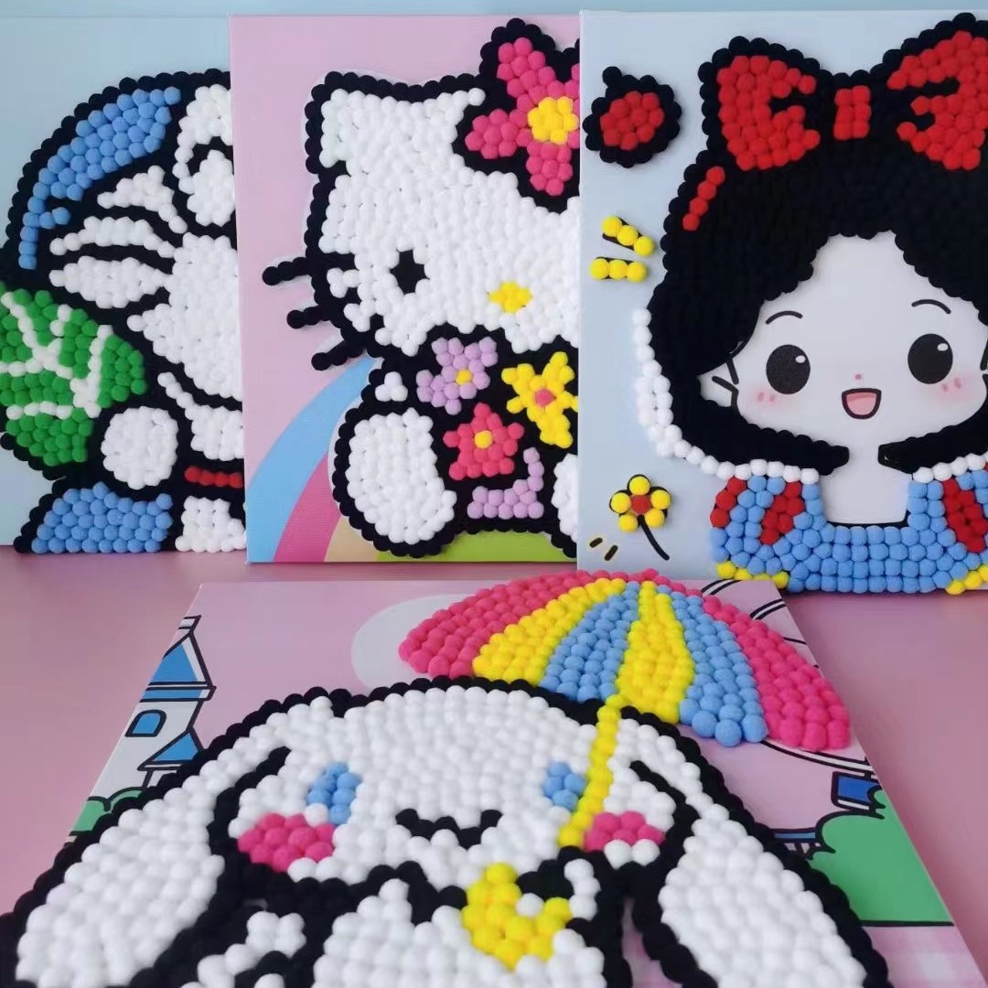 Cartoon Anime Pom-pom Drawing Handmade Craft Kit Kindergarten Art Children DIY Parent-child Creative Sticker Painting